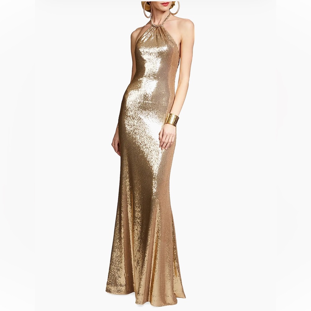Halston Jun Sequined Halter Gown Gold